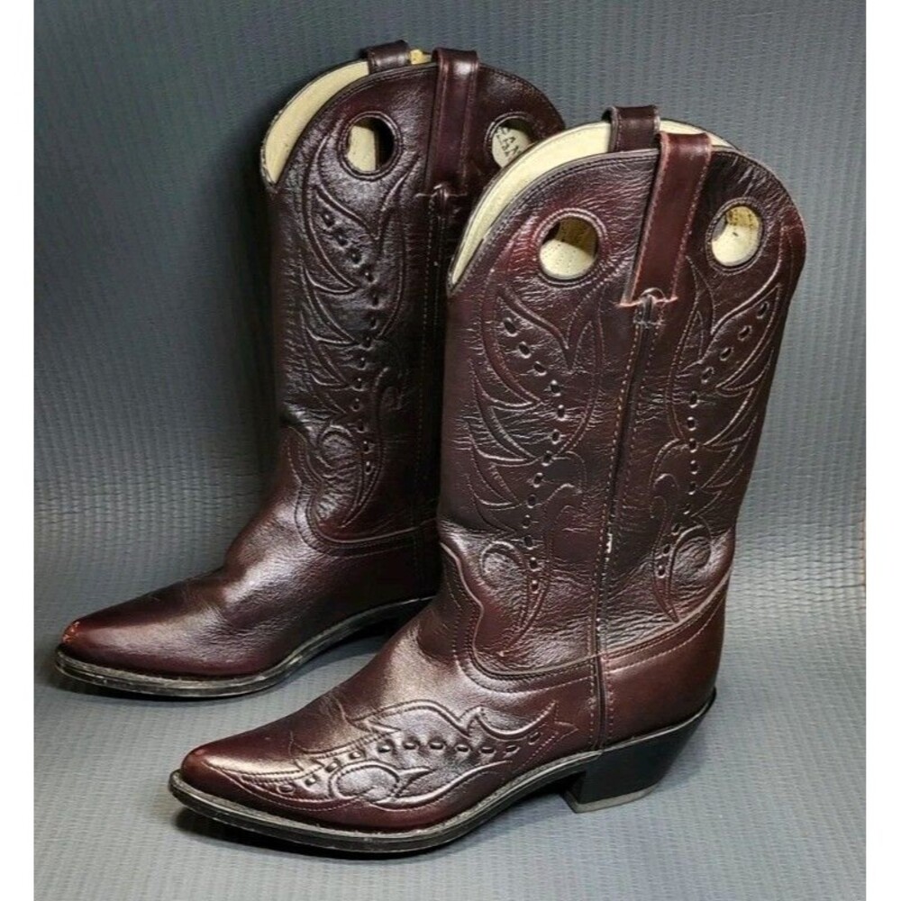 Durango Dark Cherry Leather Buck Stitching Pull Holes Cowboy Boots Women's 7.5M